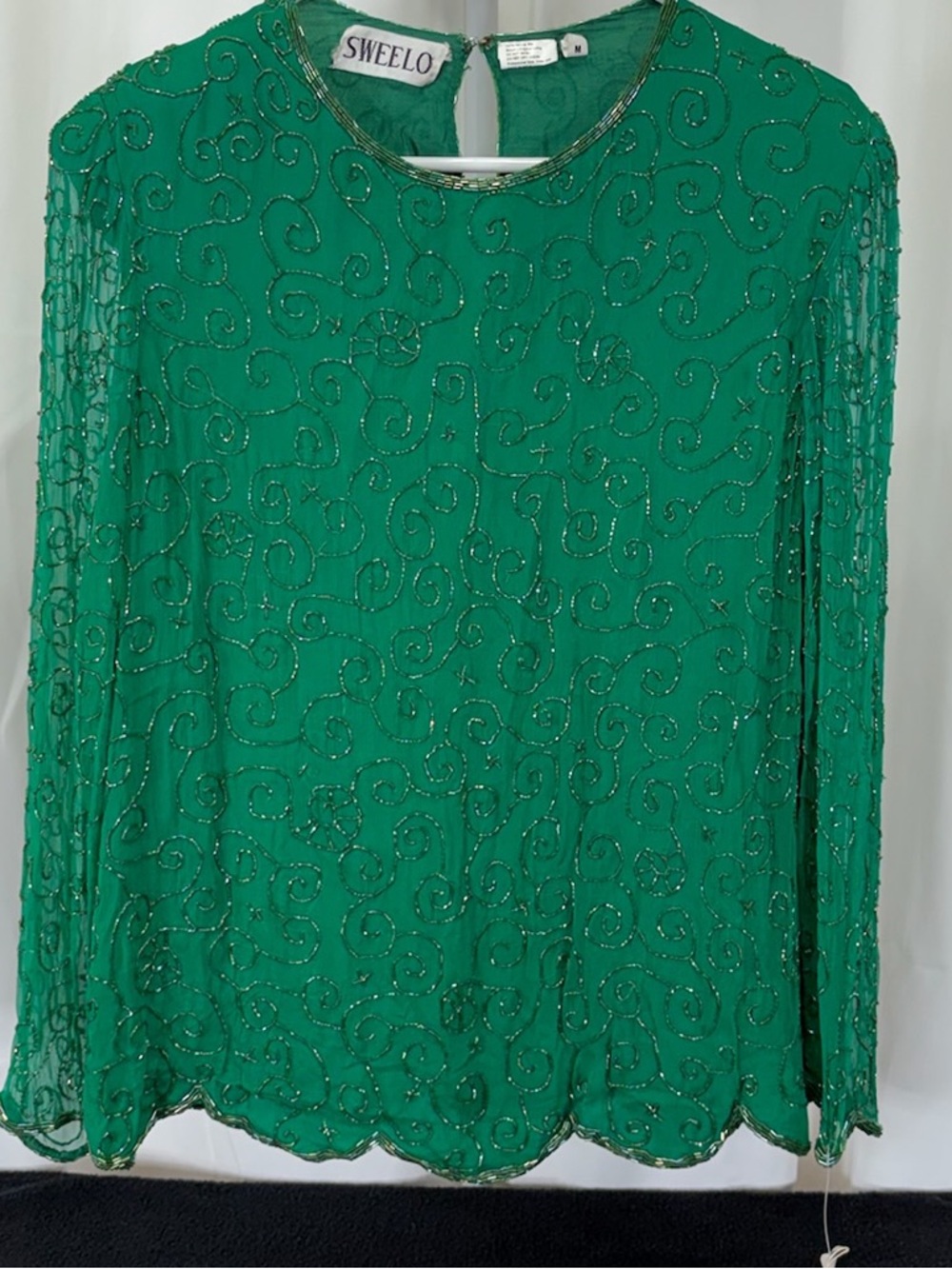 Emerald Green Beaded Long-Sleeve Top Vintage 100% Silk 2203